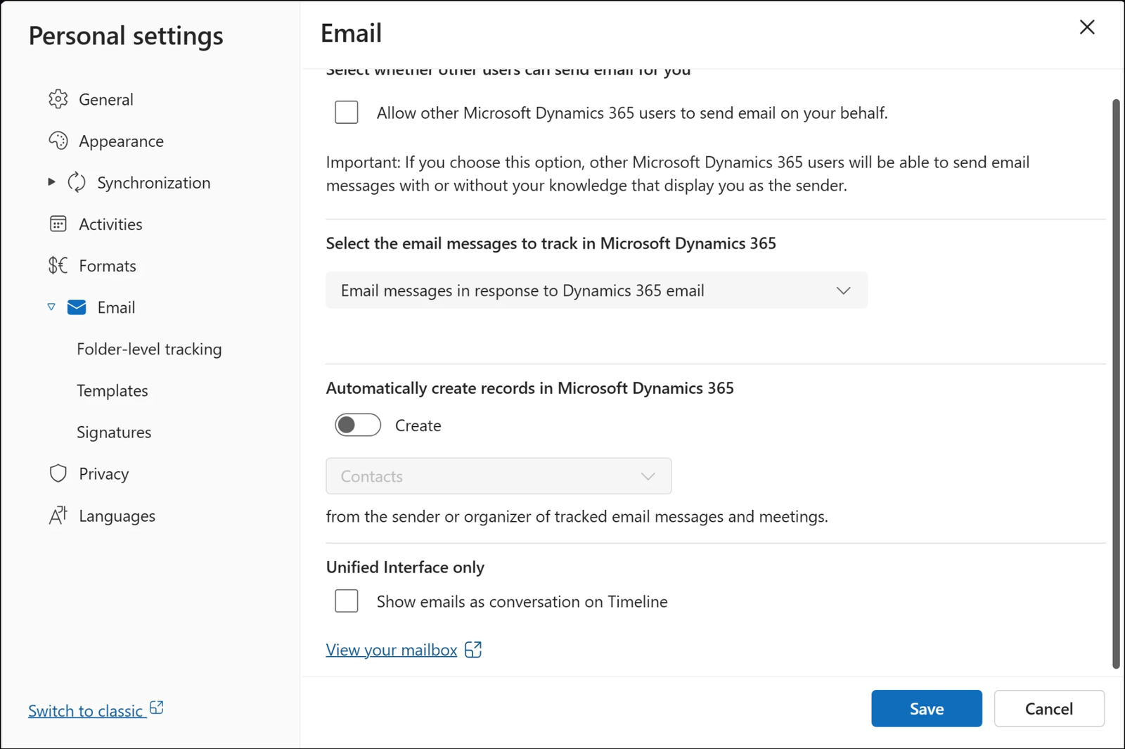 Personal settings → Email → Automatically create records: the Create toggle, off. Captured 12 October 2026.
